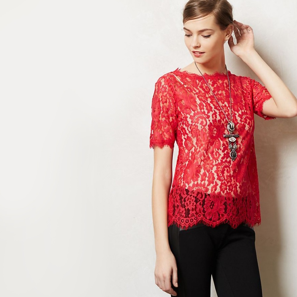 ANTHROPOLOGIE Elysian Lace Top pink red large